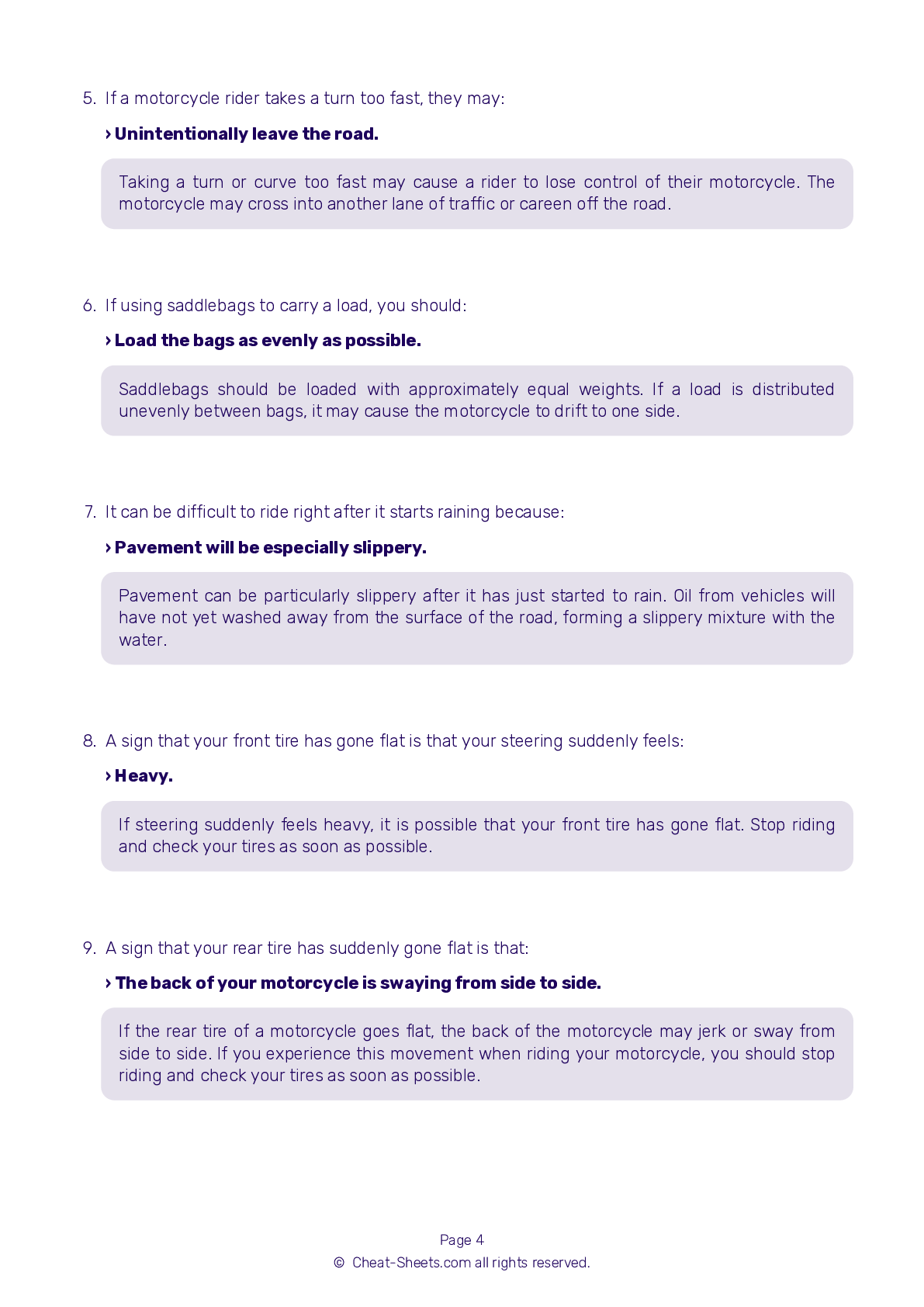 california dmv motorcycle test cheat sheet