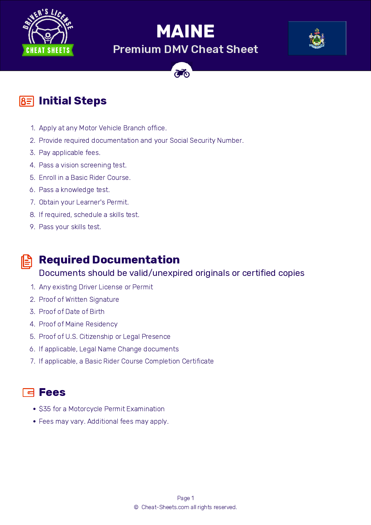 2023 Maine DMV Motorcycle Permit Test Cheat Sheet. 99 pass rate!