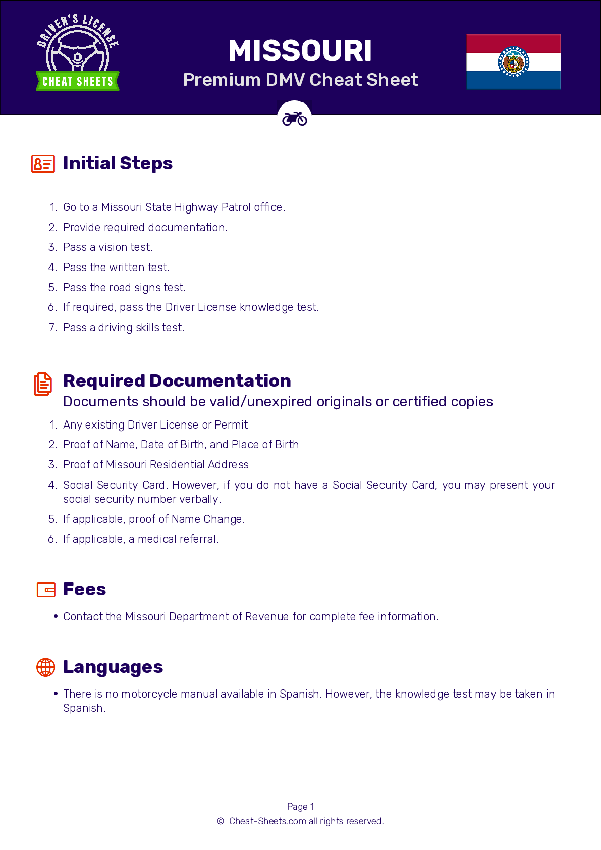 2023 Missouri DMV Motorcycle Permit Test Cheat Sheet 99 Pass Rate 