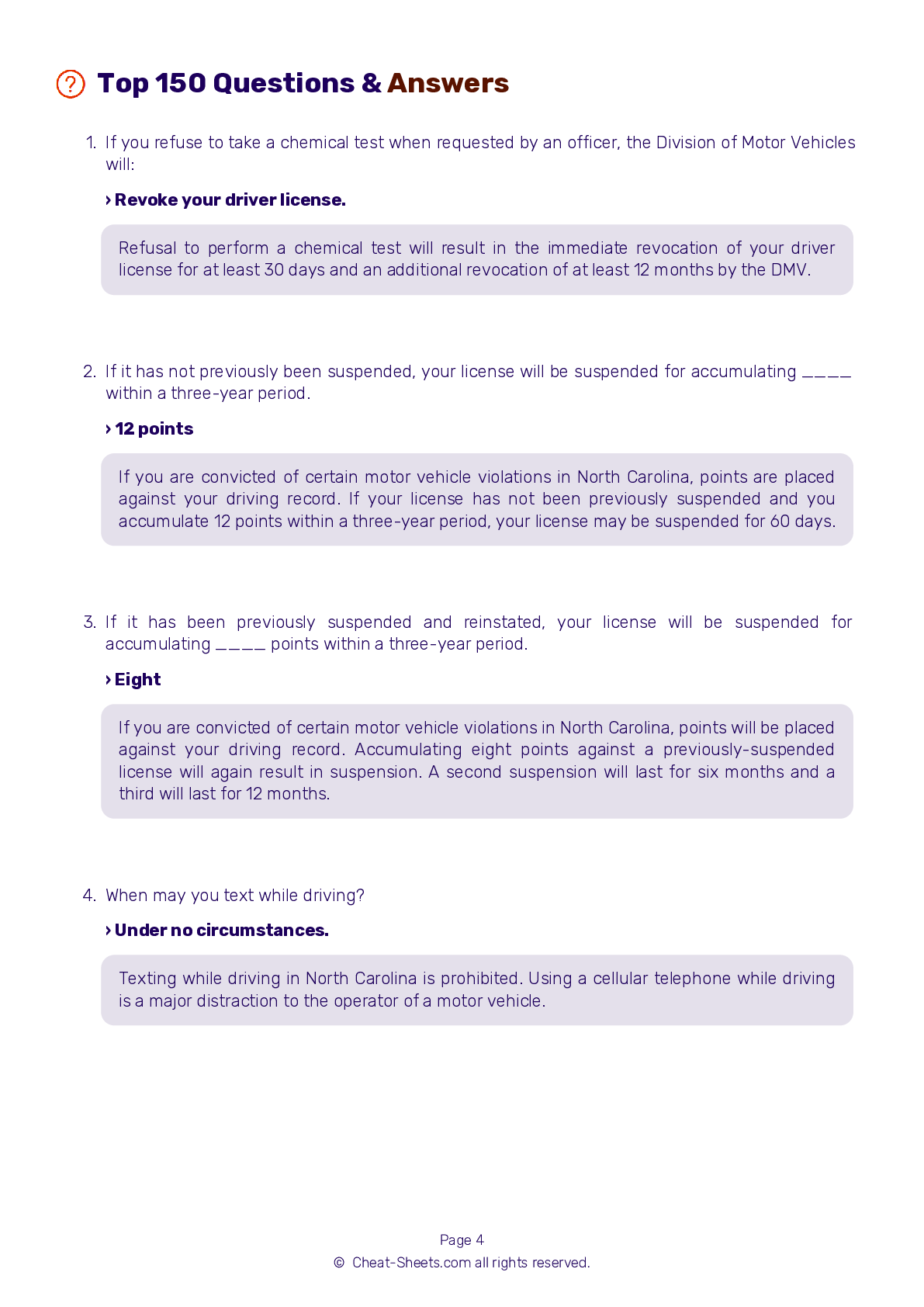 2023 North Carolina DMV Permit Test Cheat Sheet 99 Pass Rate 