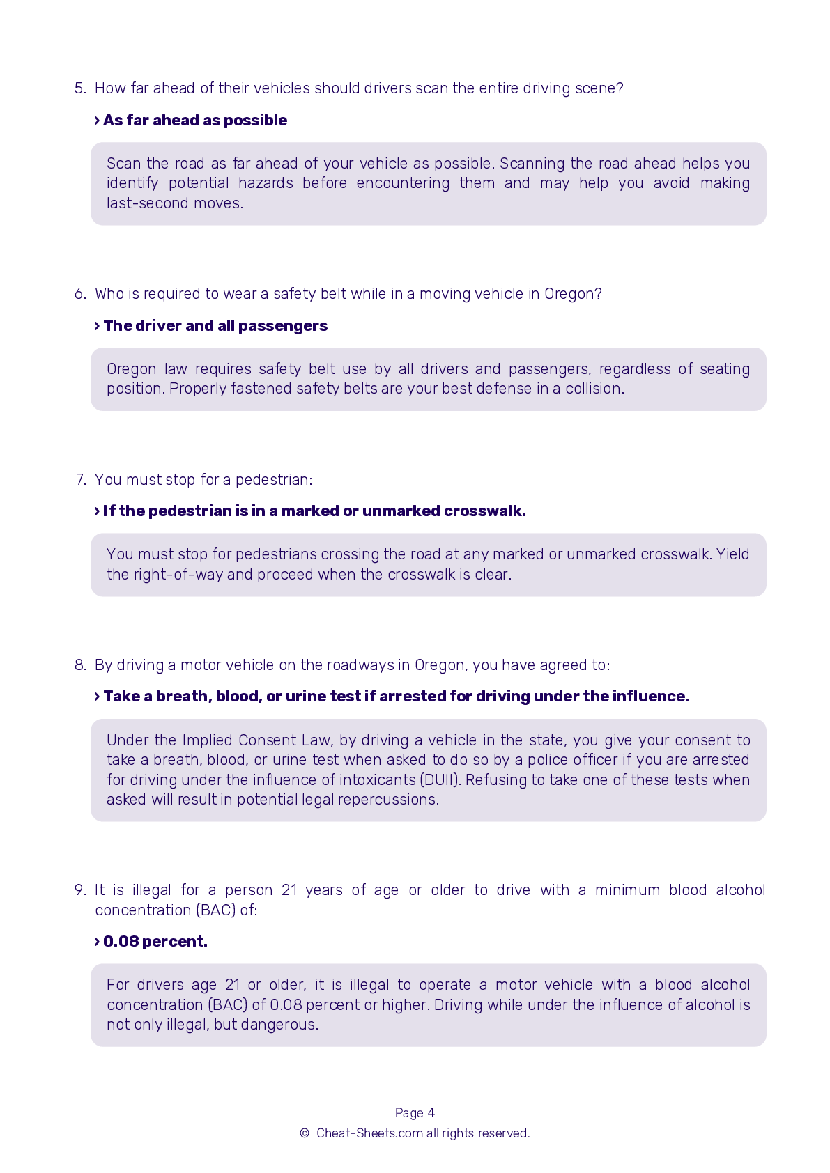 2021 Oregon DMV Permit Test Cheat Sheet 99 Pass Rate 