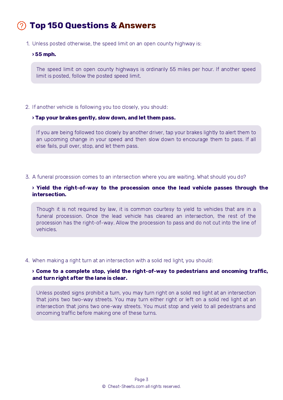 cheat sheet dmv test